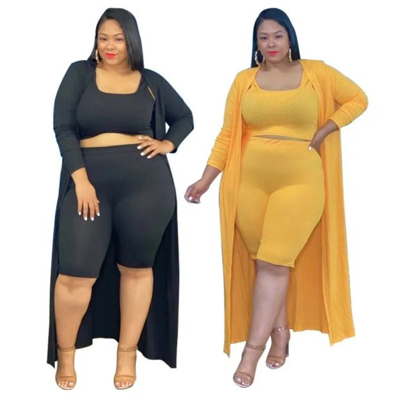 Plus Size Women Solid Color High Crater Short Top And Shorts Three-Piece Set - Picture 2 of 15